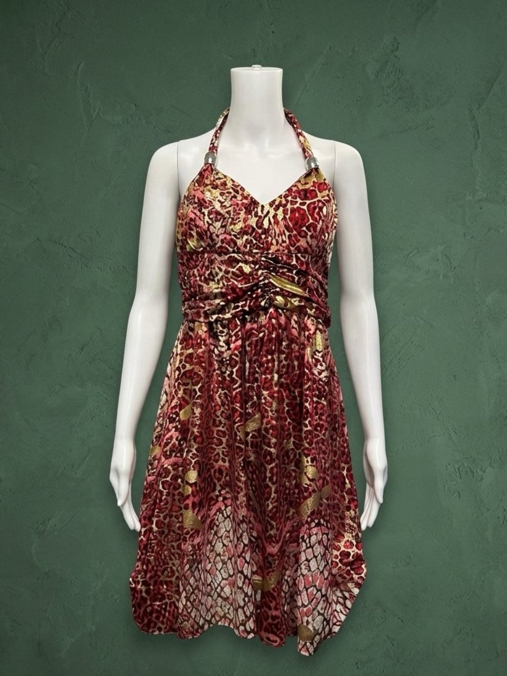 Majora Animal Print Halter Mini Dress Red Gold Size L